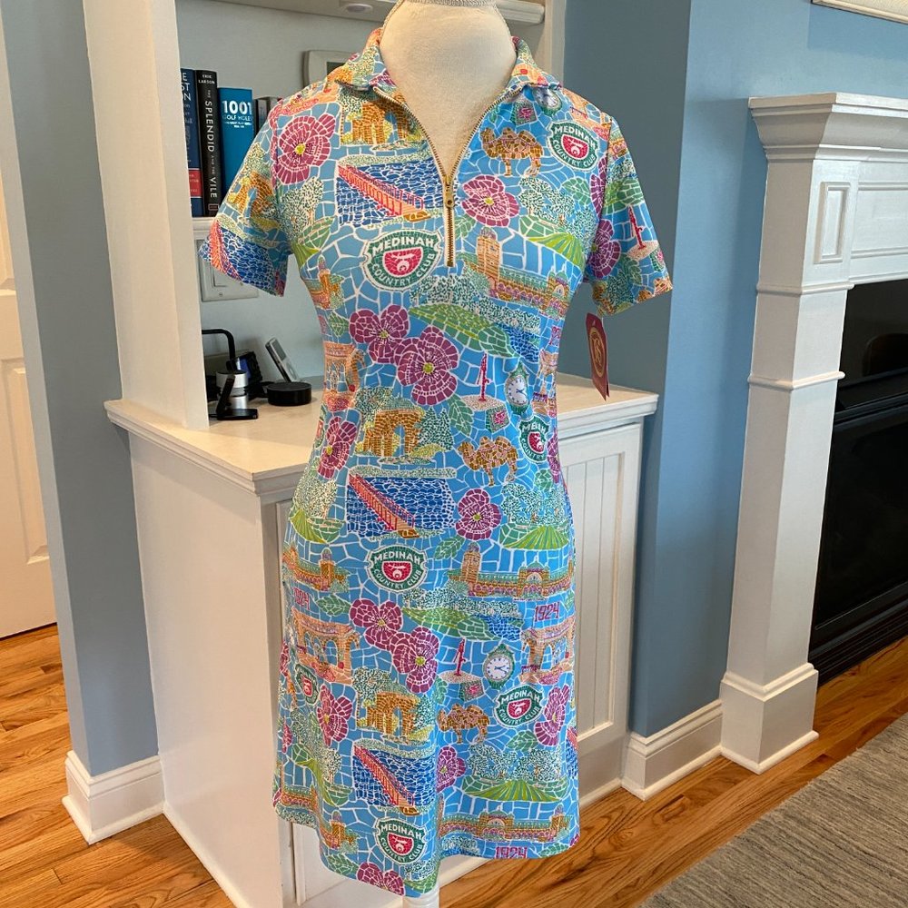 Kaeli Smith Multicolor Mosaic Floral Zip Polo Dress Medinah - Blue, Pink, Green